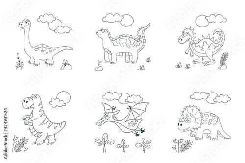 Cute dinosaurs. Set of dino. Vector illustration in doodle and cartoon style for coloring books and prints. Hand drawn. Black and white
