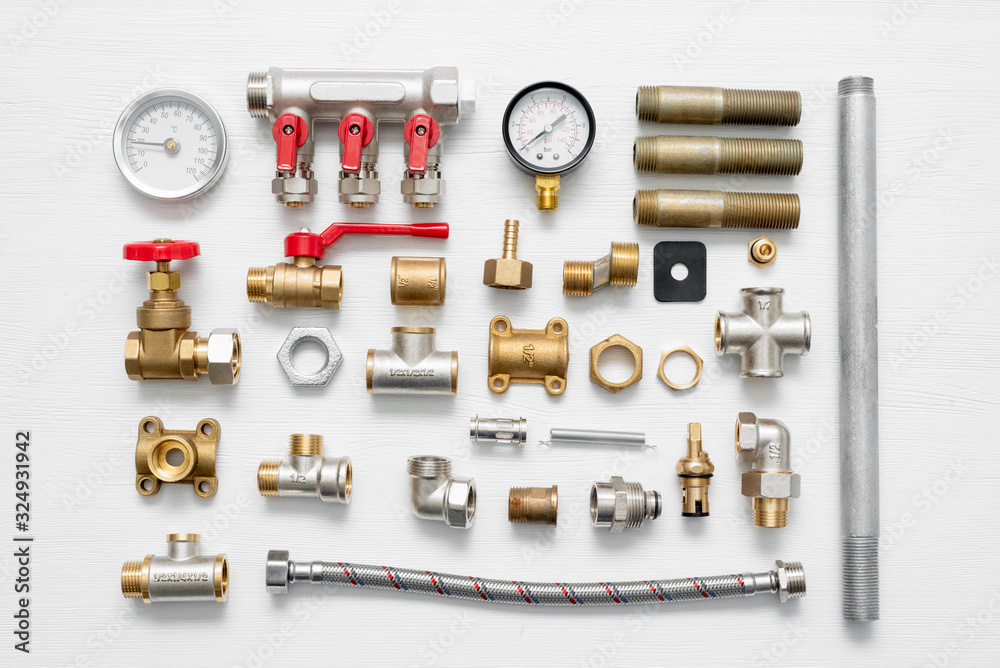 Plumbing equipment flat lay background. Plumbing equipment flat lay background.