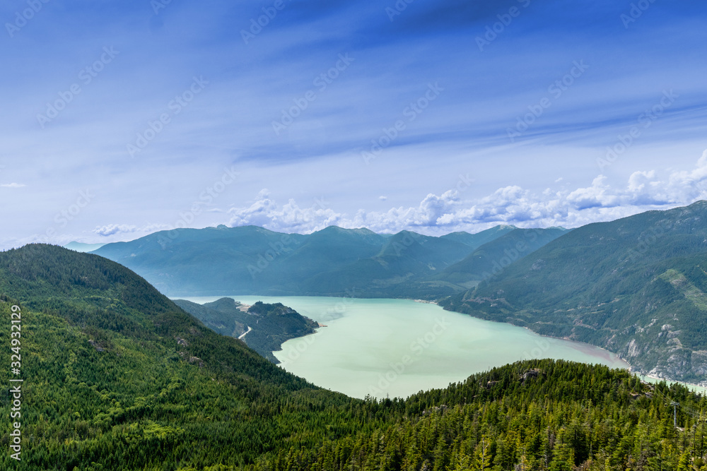 View of the highway, the ocean, the mountains from the top of the mountain, Squamish, BC, Canada