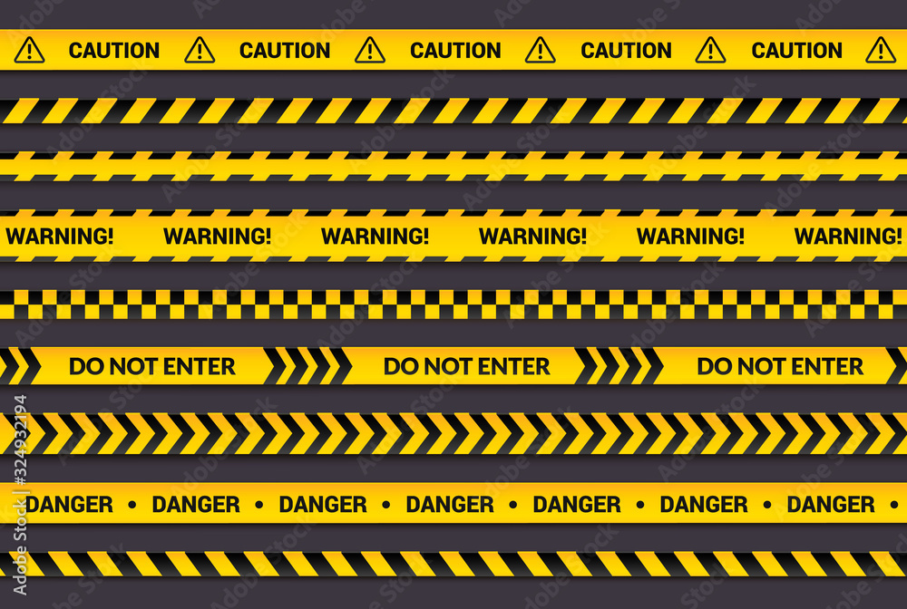 Caution tape set, yellow warning strips, danger symbol, arrows, yellow lines with black text and triangle sign. Horizontal banner collection with attention message.