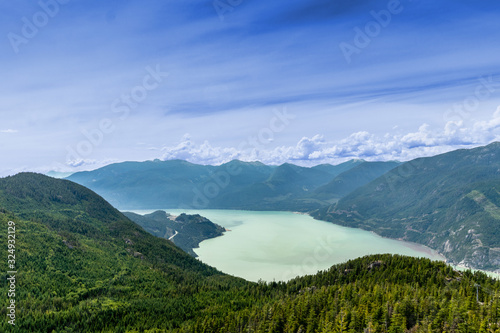 View of the highway, the ocean, the mountains from the top of the mountain, Squamish, BC, Canada