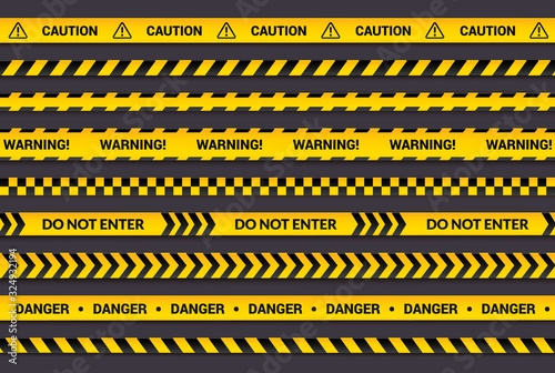 Caution tape set, yellow warning strips, danger symbol, arrows, yellow lines with black text and triangle sign. Horizontal banner collection with attention message. © viktoria_ngm