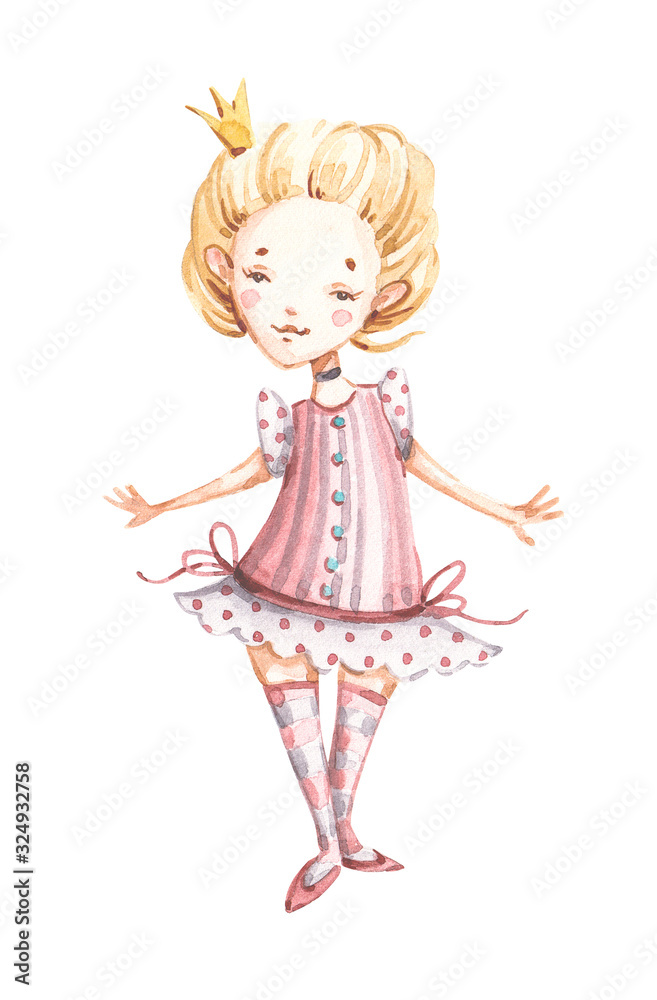 Watercolor hand painted Beautiful cute nursery princess ballerina baby girl with crown. Handpainted watercolour ballerina, adorable ballet girl in pink dress. Kids t shirt design, birthday invitation Watercolor hand painted Beautiful cute nursery princess ballerina baby girl with crown. Handpainted watercolour ballerina, adorable ballet girl in pink dress. Kids t shirt design, birthday invitation