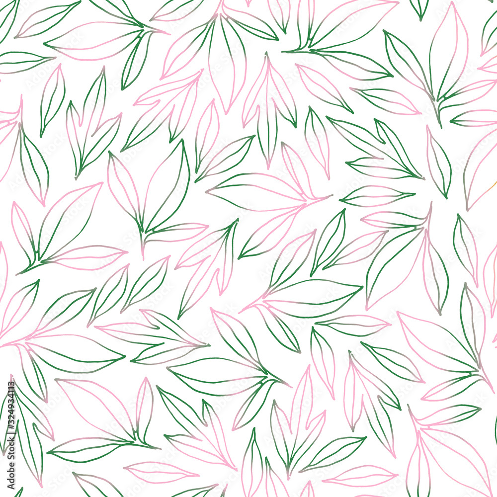 Seamless pattern with pink-green peony leaves. Hand drawin illustration. For scrapbooking, packaging, fabrics Seamless pattern with pink-green peony leaves. Hand drawin illustration. For scrapbooking, packaging, fabrics