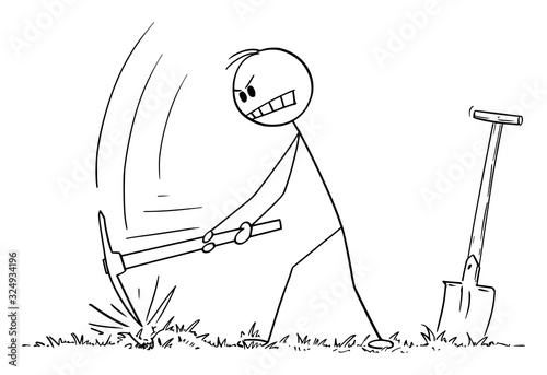 Vector cartoon stick figure drawing conceptual illustration of man digging hole in ground with pickax or pickaxe or pick.