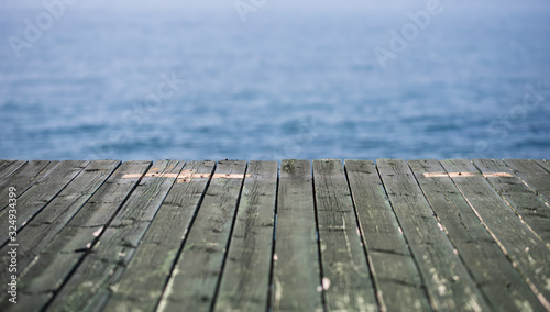 Wooden floor, background sea and sky. Suitable for making manipulation work o...
