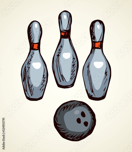 Game pins and ball. Vector drawing