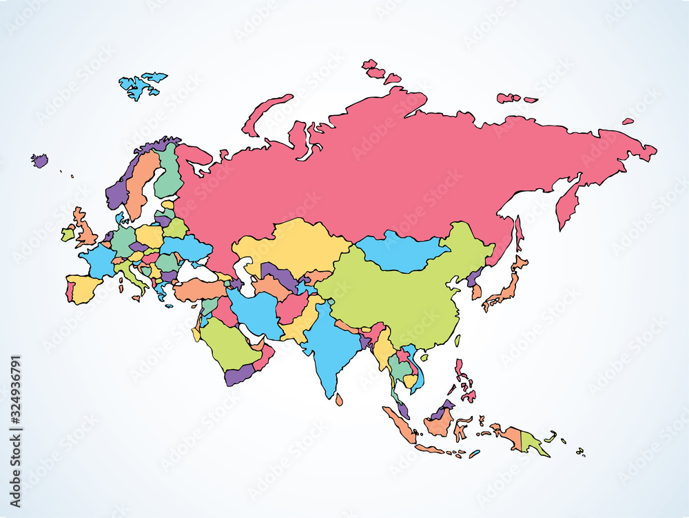 Naklejka premium Eurasia. Continent with the contours of the countries. Vector drawing