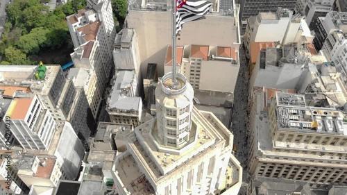 Drone shot city Sao Paulo Banespa building with city flag Sao Paulo  photo