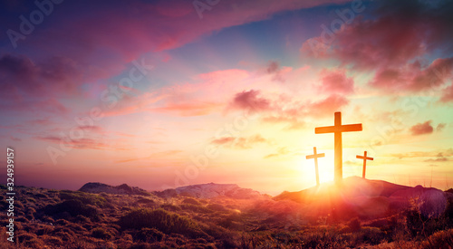 Crucifixion Of Jesus Christ  - Three Crosses On Hill At Sunset