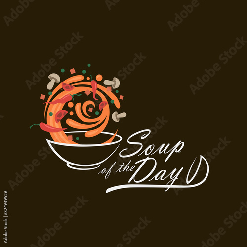 bowl of vegetable soup and ladle isolated on black background