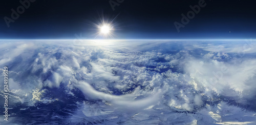 Panoramic aerial view of Caucasus Mountains from the stratosphere, Russia photo