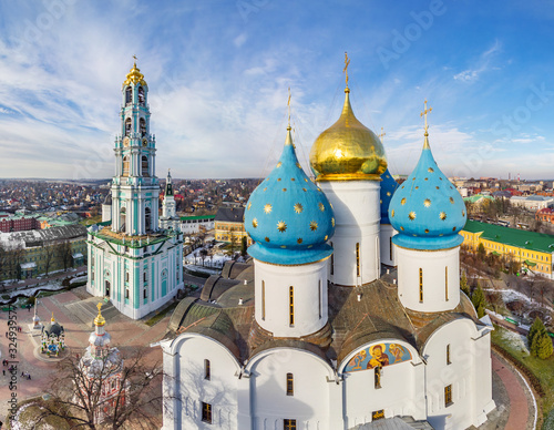 Aerial view of Assumption Cathedral, Sergiyev Posad, Russia