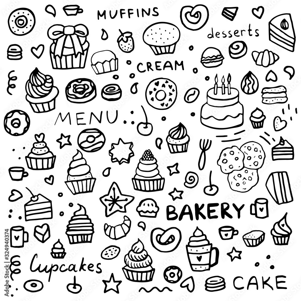 Black and white set doodle baking. Bakery Set: Dessert Muffins, Cupcakes, Pastries, and Cakes
