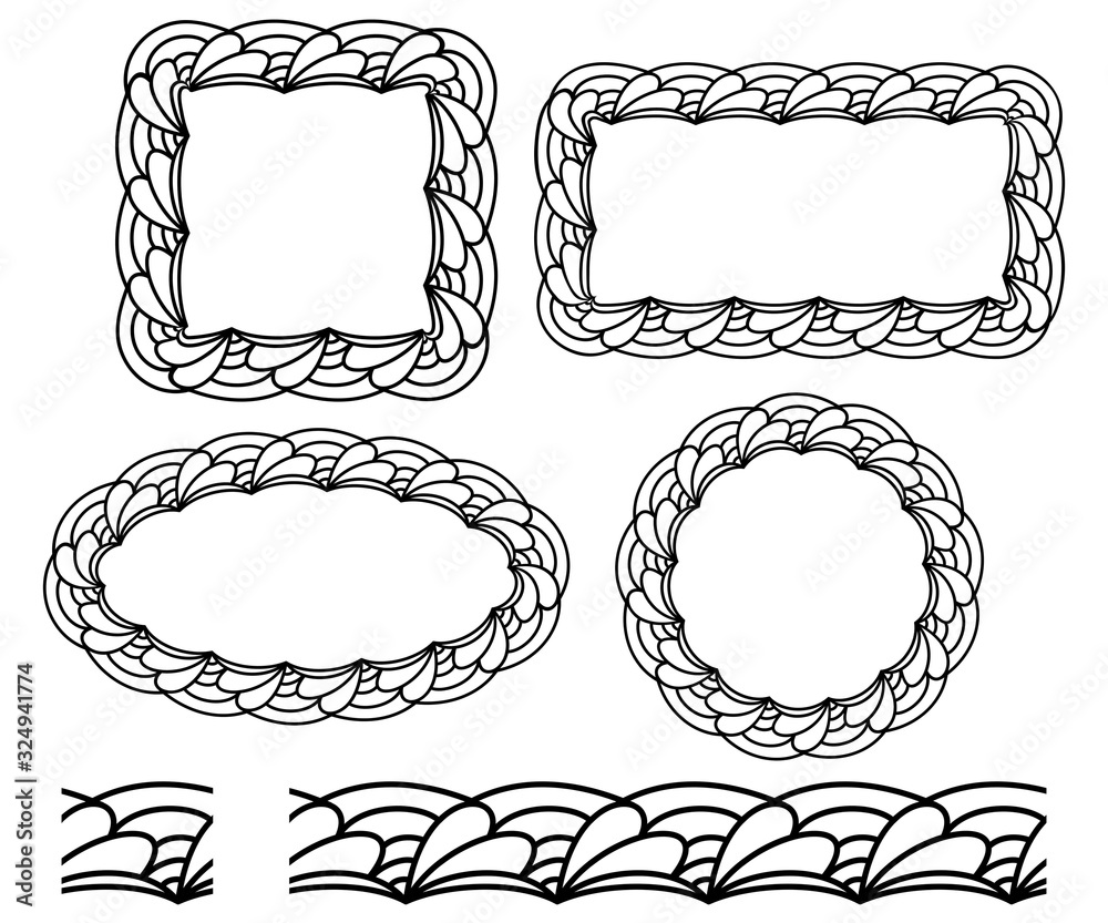 Set of frames of different shapes in the doodling style and elements of a pattern brush. Isolated on a white background. Sketch ornament.