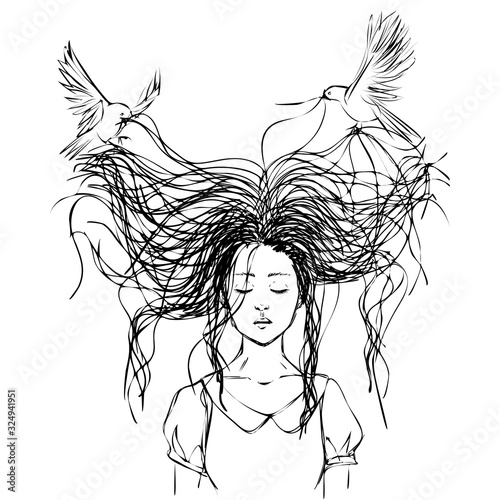 Birds flying around tousled hair of sad girl with closed eyes