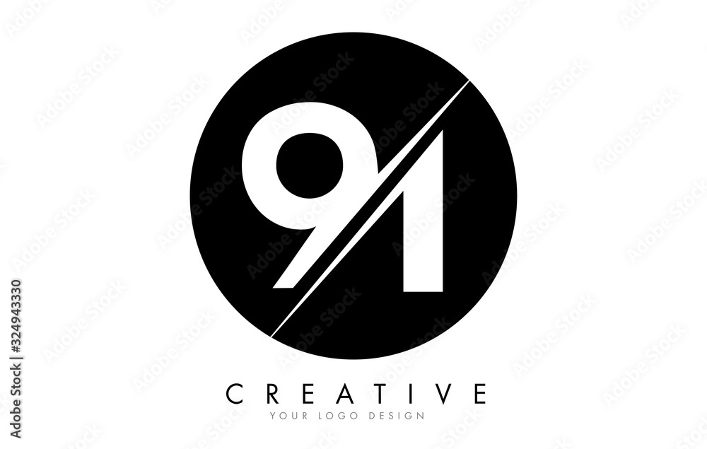 91 9 1 Number Logo Design with a Creative Cut and Black Circle Background. 91 9 1 Number Logo Design with a Creative Cut and Black Circle Background.