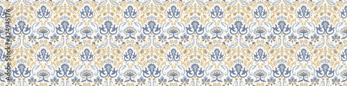 Seamless ornate medallion border pattern in french cream linen shabby chic style. Hand drawn floral damask bordure. Old white blue background. Interior home decor edging. Ornate flourish ribbon trim