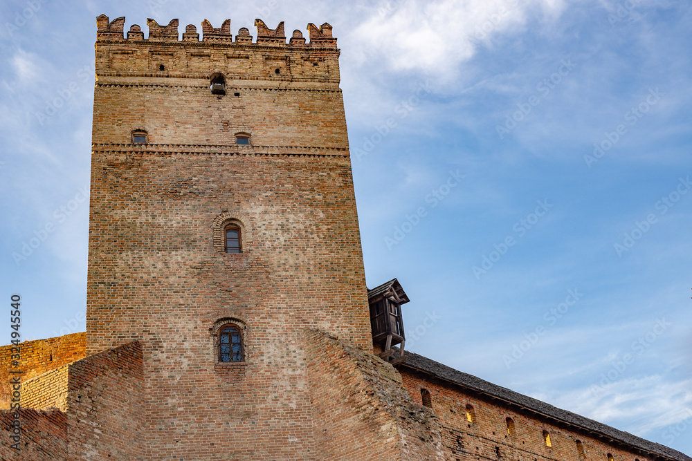 Retro castle wall with tower closeup. background with copy space.