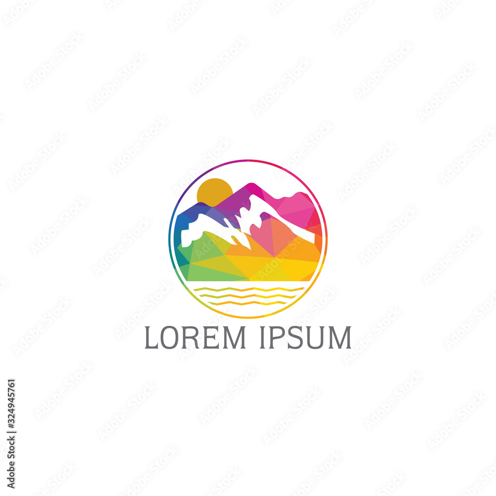 Mountains Lake and sun illustration logo vector design.