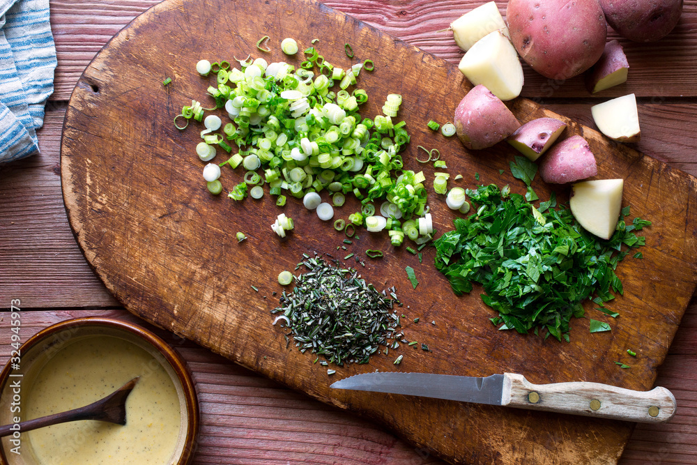View of ingredients for mashed potato salad View of ingredients for mashed potato salad