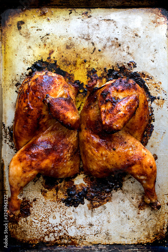 Directly above view of roasted spatchcock photo