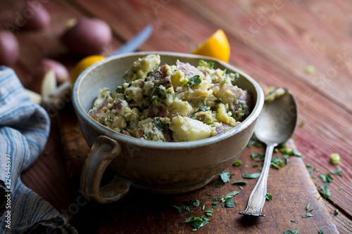 Selective focus of smashed potato salad photo