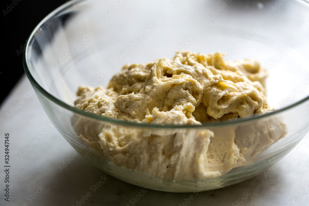 Close up view of dough in bowl Close up view of dough in bowl