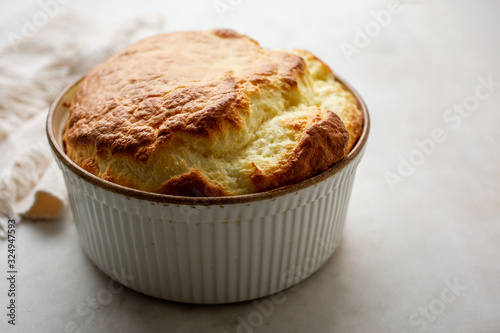 Close up view of puffed cheese souffle photo