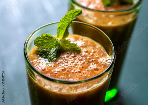 Selective focus of pineapple chia garnished with mint