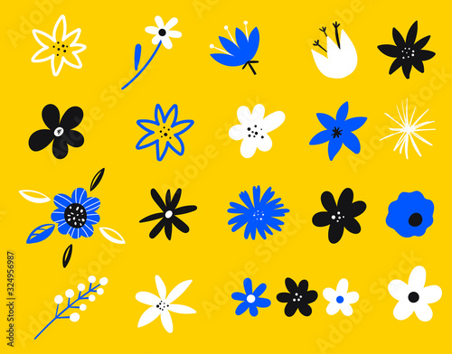 Flower buds flat style. Set of floral branch. Spring wildflowers. Summer plants. Tropical flowers collection.