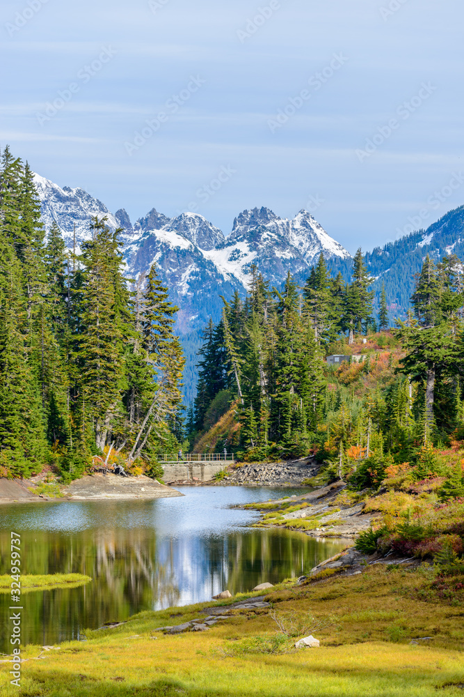Beautiful Mountain River at the Bagley Lake Trail Park. Mount Baker, Washington, USA.