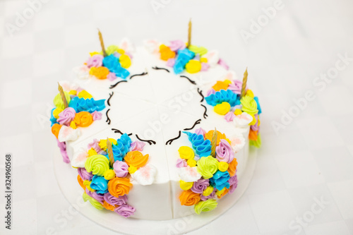 Unicorn themed birthday cake on white background