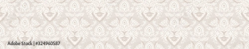 Seamless ornate medallion border pattern in french cream linen shabby chic style. Hand drawn floral damask bordure. Old white blue background.  Interior home decor edging. Ornate flourish ribbon trim