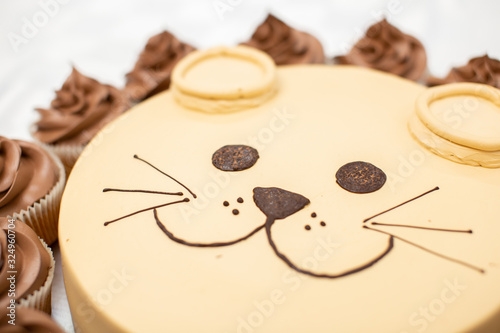 Lion cake with cupcake mane idea for kid birthday 