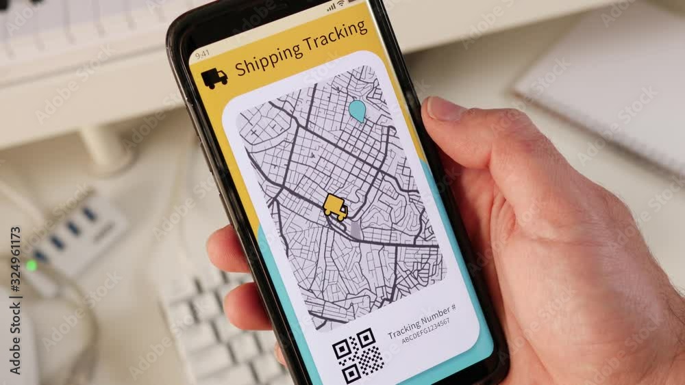 Tracking a parcel using a mobile phone app showing the delivery truck driving on the street.