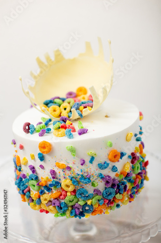 White chocolate cake covered with froot loops