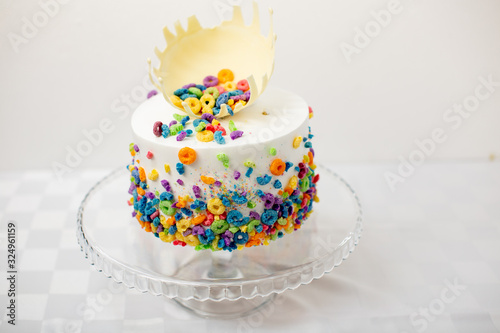 White chocolate cake covered with froot loops