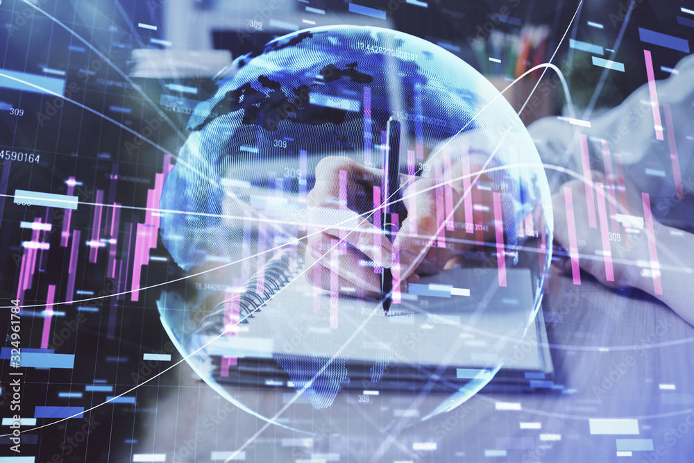 Forex chart displayed on woman's hand taking notes background. Concept of research. Double exposure Forex chart displayed on woman's hand taking notes background. Concept of research. Double exposure