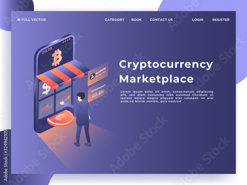 Man is processing the exchange of cryptocurrency and looking at the infographic chart. 3D vector isometric illustration.