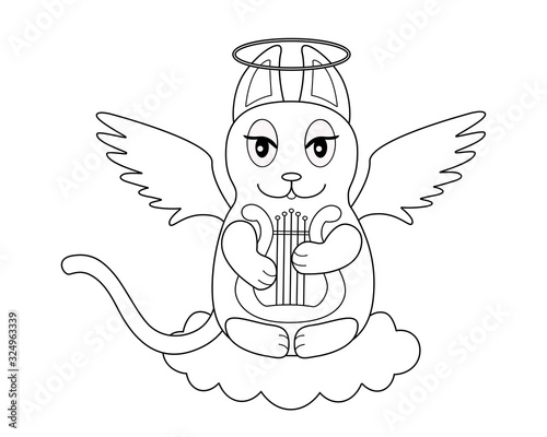 An angel cat with wings and a halo sits on a cloud and plays the harp - a linear picture for coloring. Cute kitty - angel plays the lyre on a cloud - vector character. Outline.