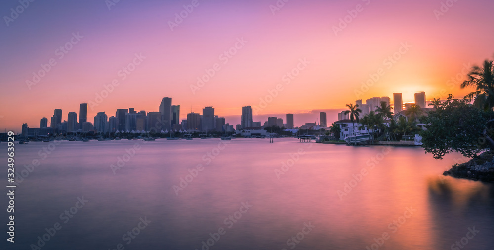 skyline miami city night sunset landscape aquatic downtown orange sky buildings architecture river dusk florida