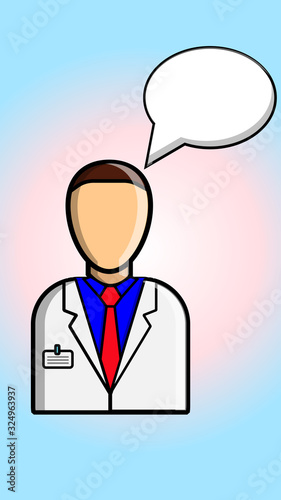 A male doctor in a white coat on a gradient pink-blue background and a word cloud speaks and makes a medical diagnosis. Vector illustration