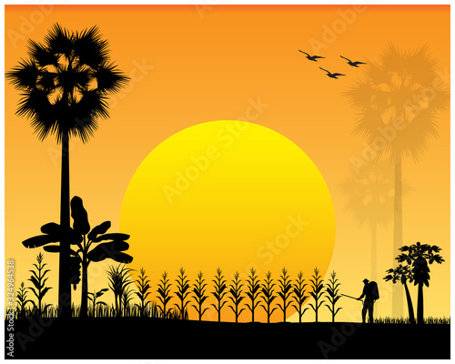 silhouette agriculturist spray corn plant vector design