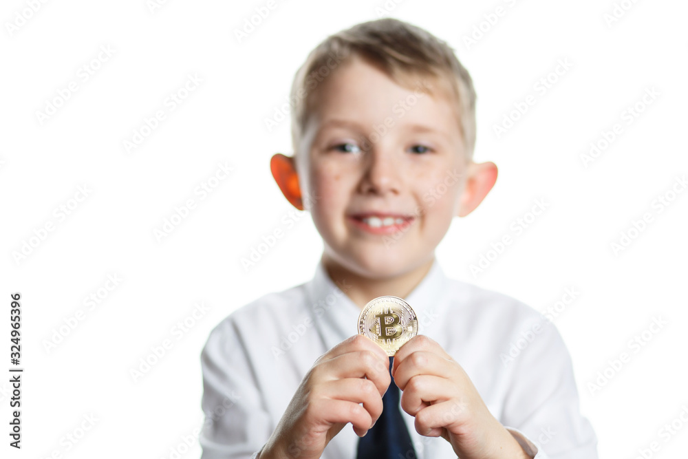 boy holds bitcoin on white isolated background, boy holds bitcoin on white isolated background,