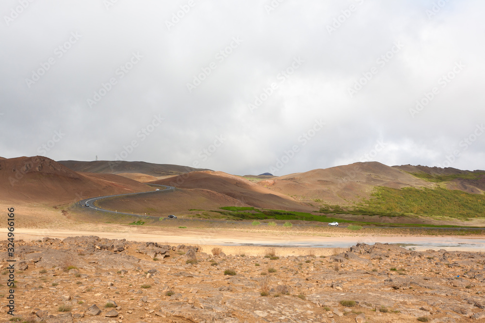 Hverir mud pools day view, Iceland landmark