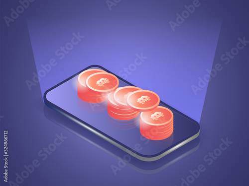 A bunch of bitcoins on smartphone mobile online. 3D vector isometric illustration.