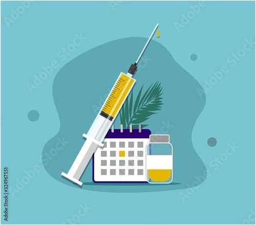 Vector illustration with vaccine, syringe, calendar.