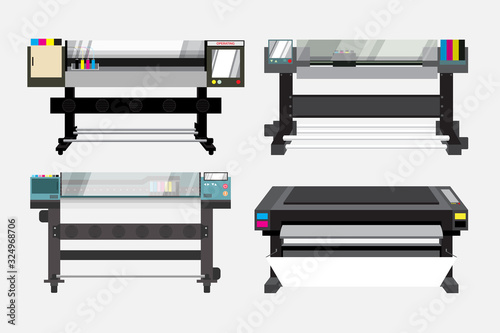 Set of, plotter or wide format, large printers. The device for making advertisment media by CMYK colors combination. Vector illustration with layers.