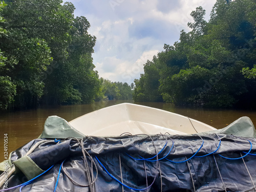 Image of plastic motorbat swimming on the river at tropical jungles photo